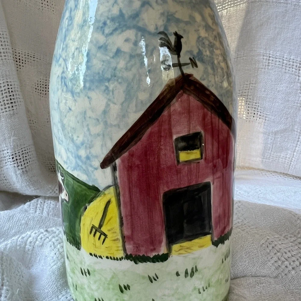 Vintage 80s Hand Painted Ceramic Milk Bottle Vase Cottage Country Barn Folk Art